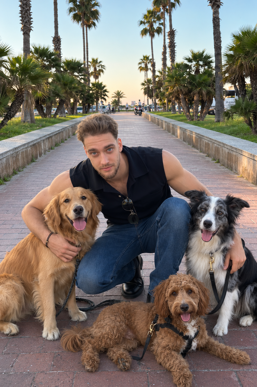 Michał kneeling with three happy dogs on a palm-lined promenade at sunset